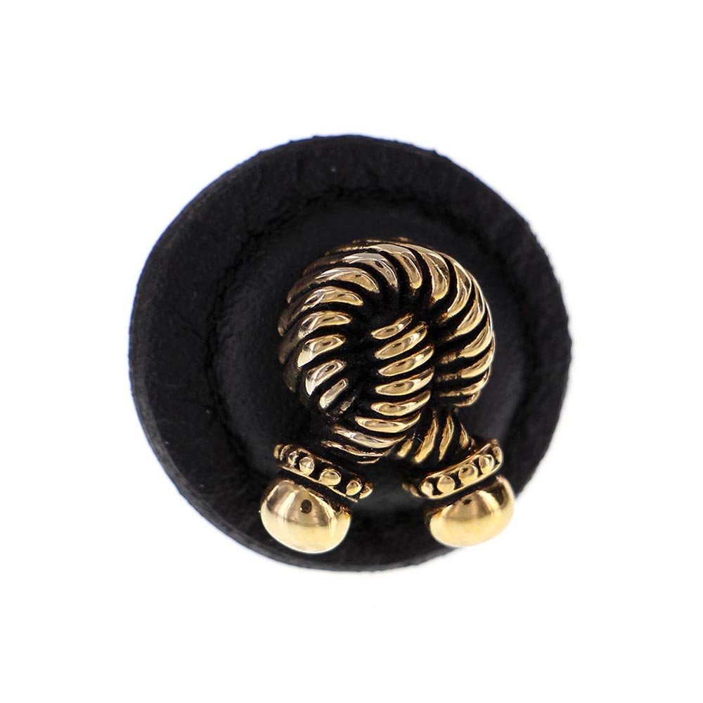 1 1/4" Round Rope Knob with Leather Insert in Antique Gold with Black Leather Insert