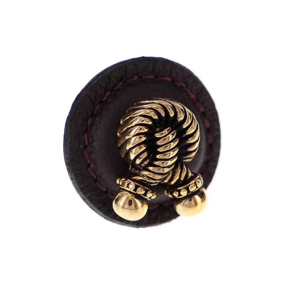 1 1/4" Round Rope Knob with Leather Insert in Antique Gold with Brown Leather Insert