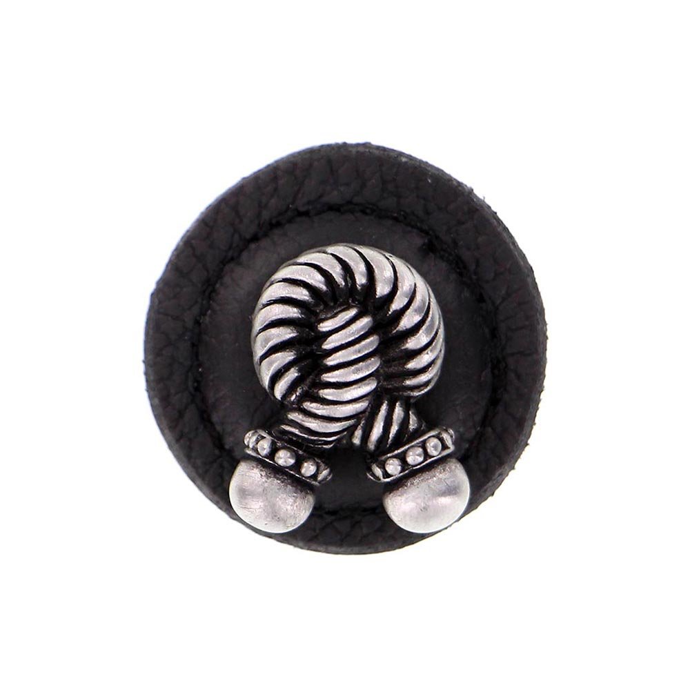 1 1/4" Round Rope Knob with Leather Insert in Antique Nickel with Black Leather Insert