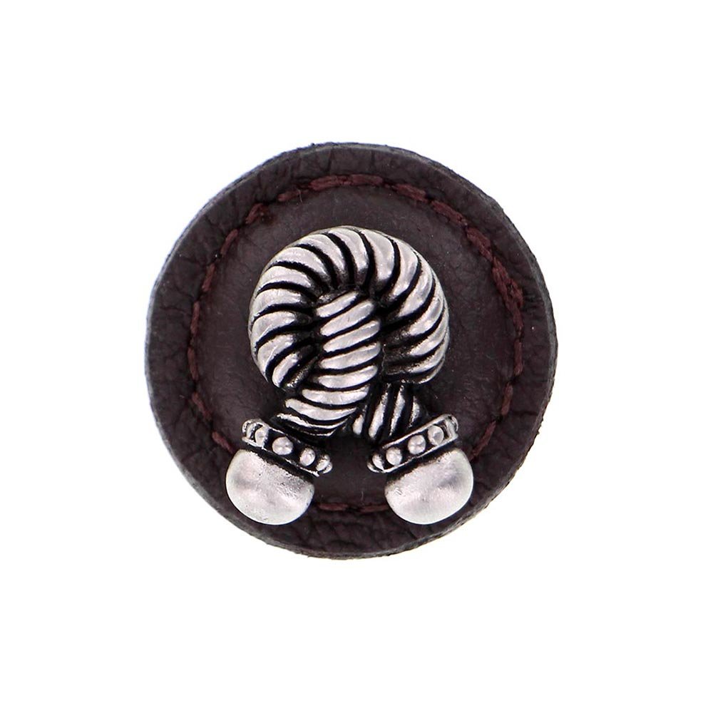 1 1/4" Round Rope Knob with Leather Insert in Antique Nickel with Brown Leather Insert