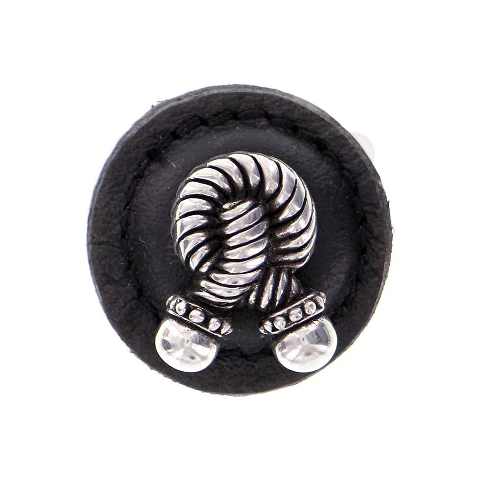 1 1/4" Round Rope Knob with Leather Insert in Antique Silver with Black Leather Insert