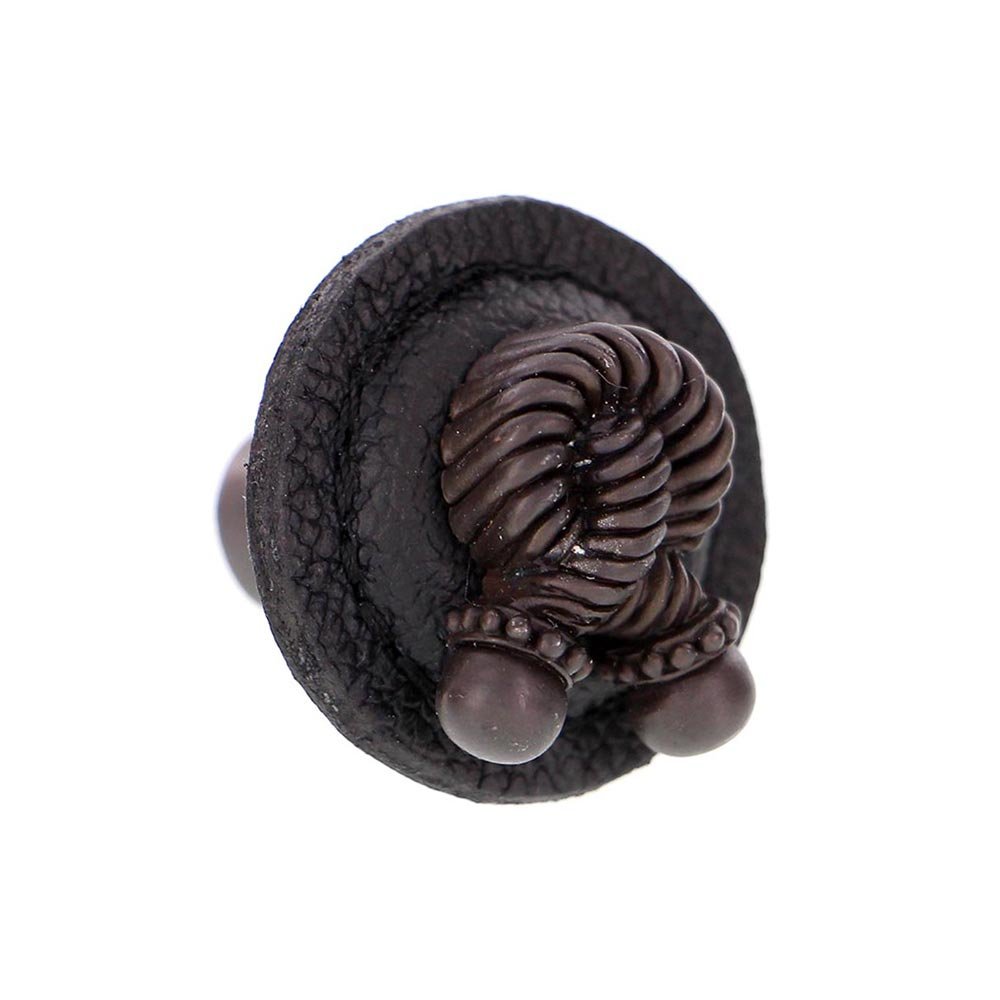 1 1/4" Round Rope Knob with Leather Insert in Oil Rubbed Bronze with Black Leather Insert