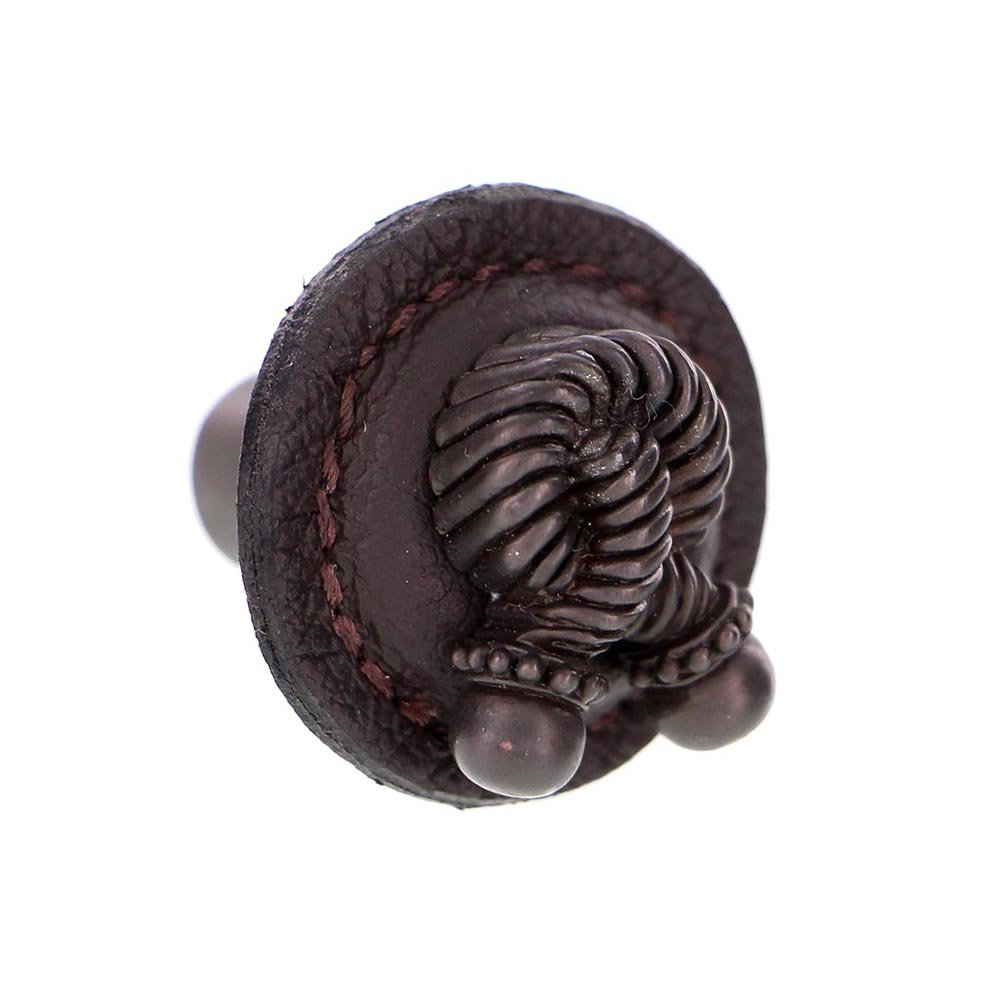 1 1/4" Round Rope Knob with Leather Insert in Oil Rubbed Bronze with Brown Leather Insert