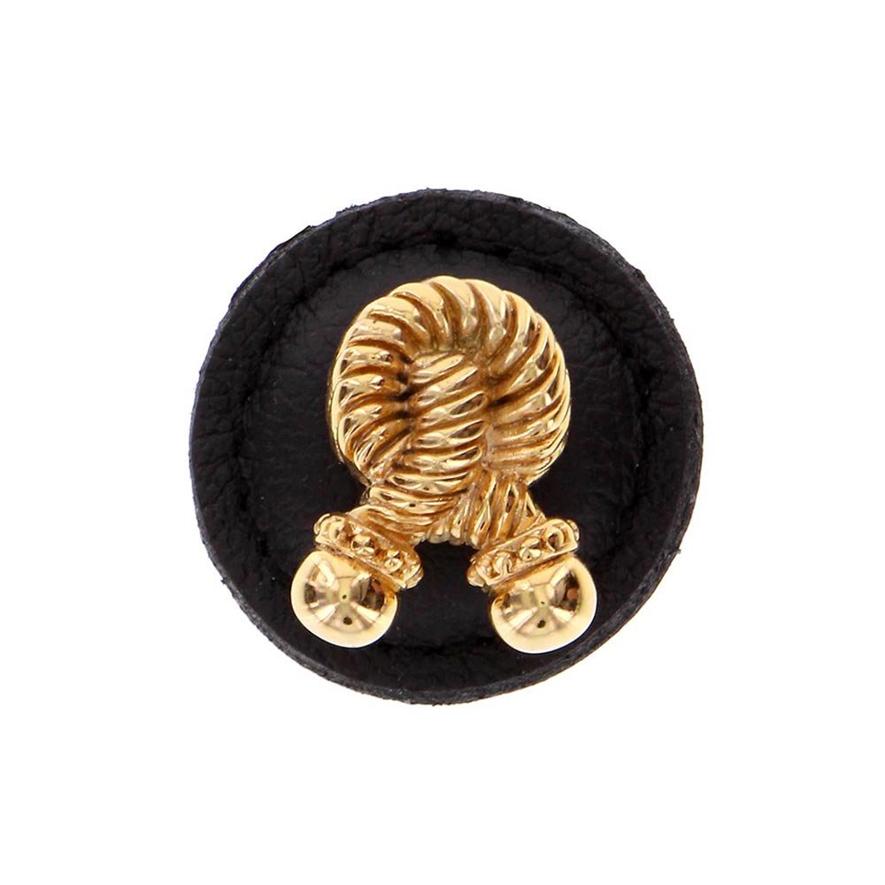1 1/4" Round Rope Knob with Leather Insert in Polished Gold with Black Leather Insert