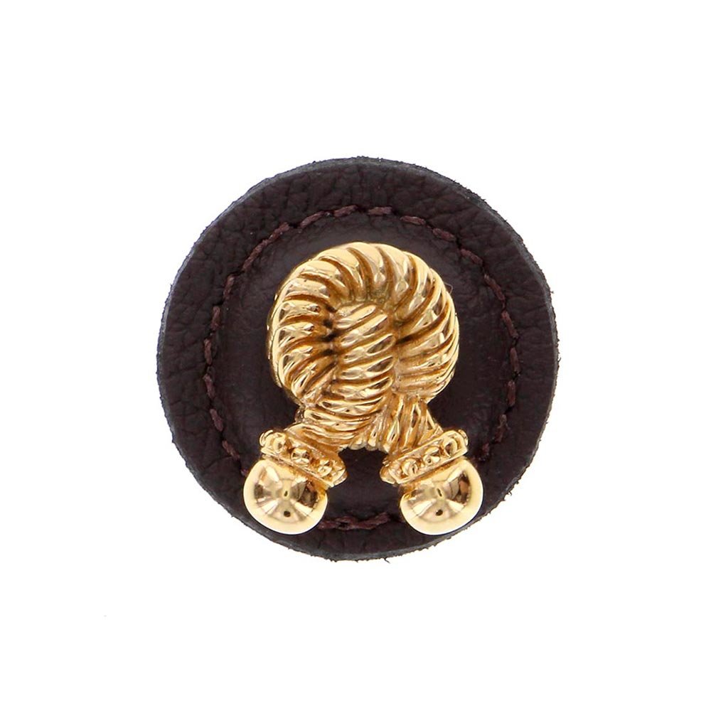 1 1/4" Round Rope Knob with Leather Insert in Polished Gold with Brown Leather Insert