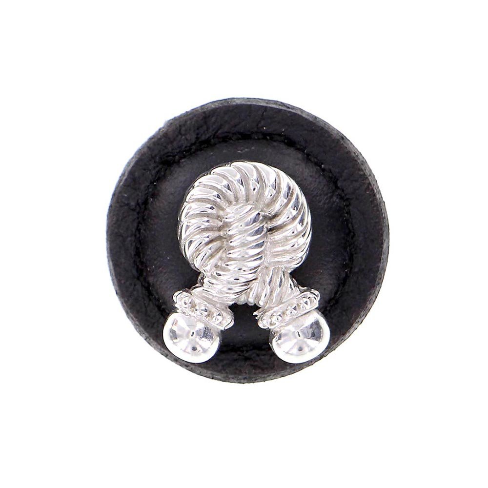1 1/4" Round Rope Knob with Leather Insert in Polished Nickel with Black Leather Insert