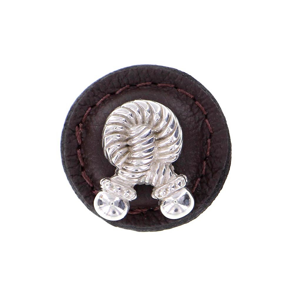1 1/4" Round Rope Knob with Leather Insert in Polished Silver with Brown Leather Insert