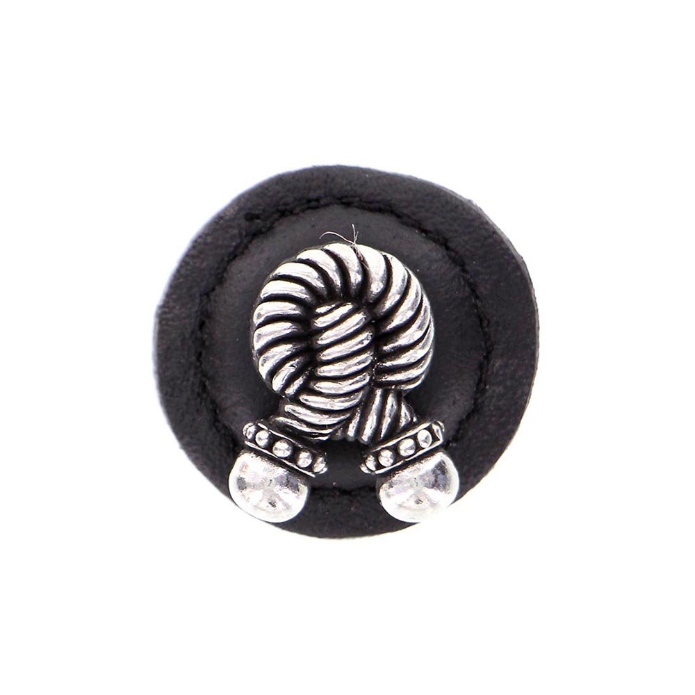 1 1/4" Round Rope Knob with Leather Insert in Vintage Pewter with Black Leather Insert