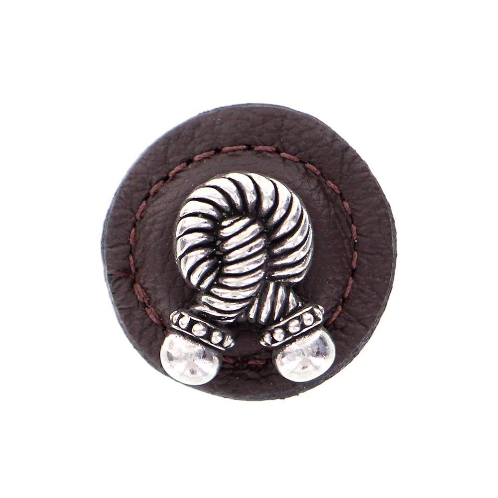 1 1/4" Round Rope Knob with Leather Insert in Vintage Pewter with Brown Leather Insert