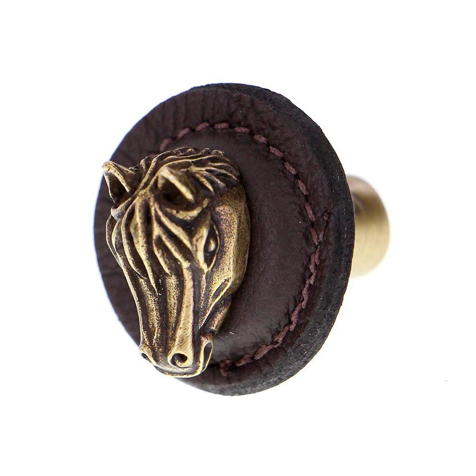 1 1/4" Round Horse Knob with Leather Insert in Antique Brass with Brown Leather Insert