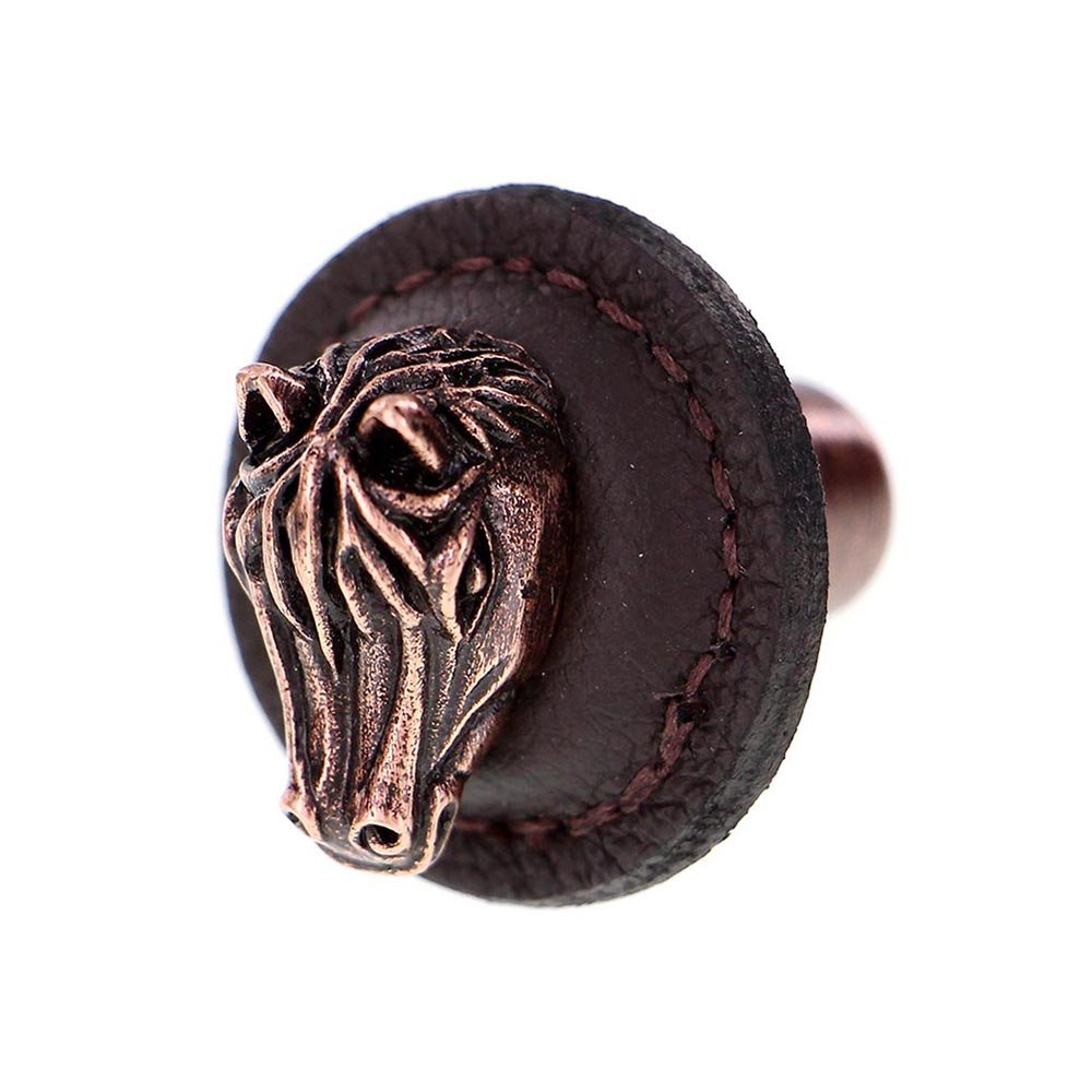 1 1/4" Round Horse Knob with Leather Insert in Antique Copper with Brown Leather Insert