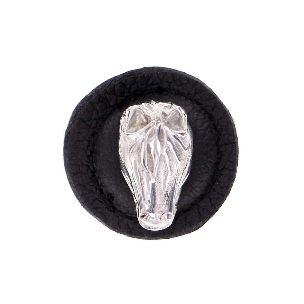 1 1/4" Round Horse Knob with Leather Insert in Polished Silver with Black Leather Insert