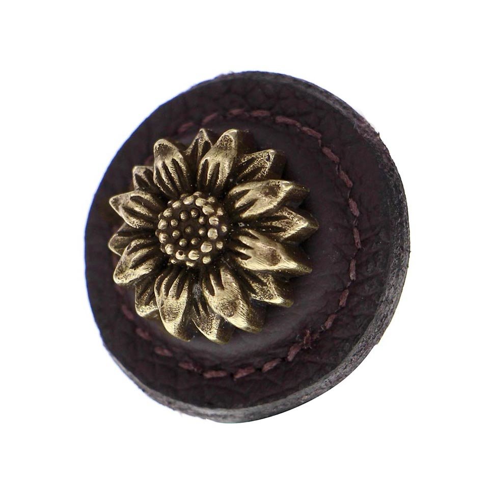 1 1/4" Daisy Knob with Leather Insert in Antique Brass with Brown Leather Insert
