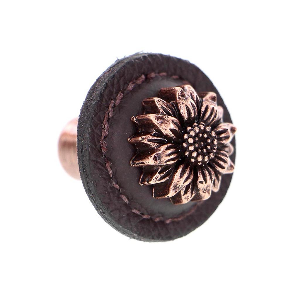 1 1/4" Daisy Knob with Leather Insert in Antique Copper with Brown Leather Insert