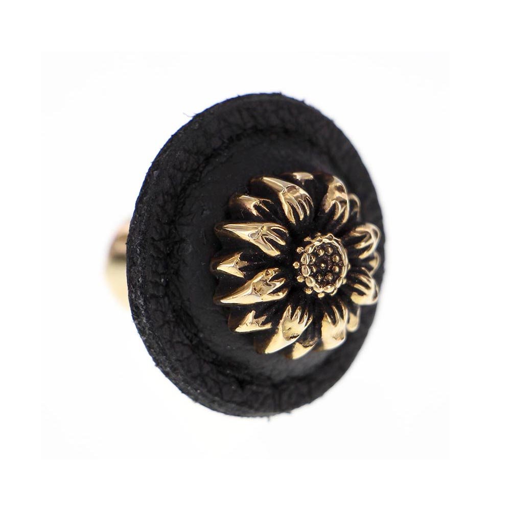 1 1/4" Daisy Knob with Leather Insert in Antique Gold with Black Leather Insert