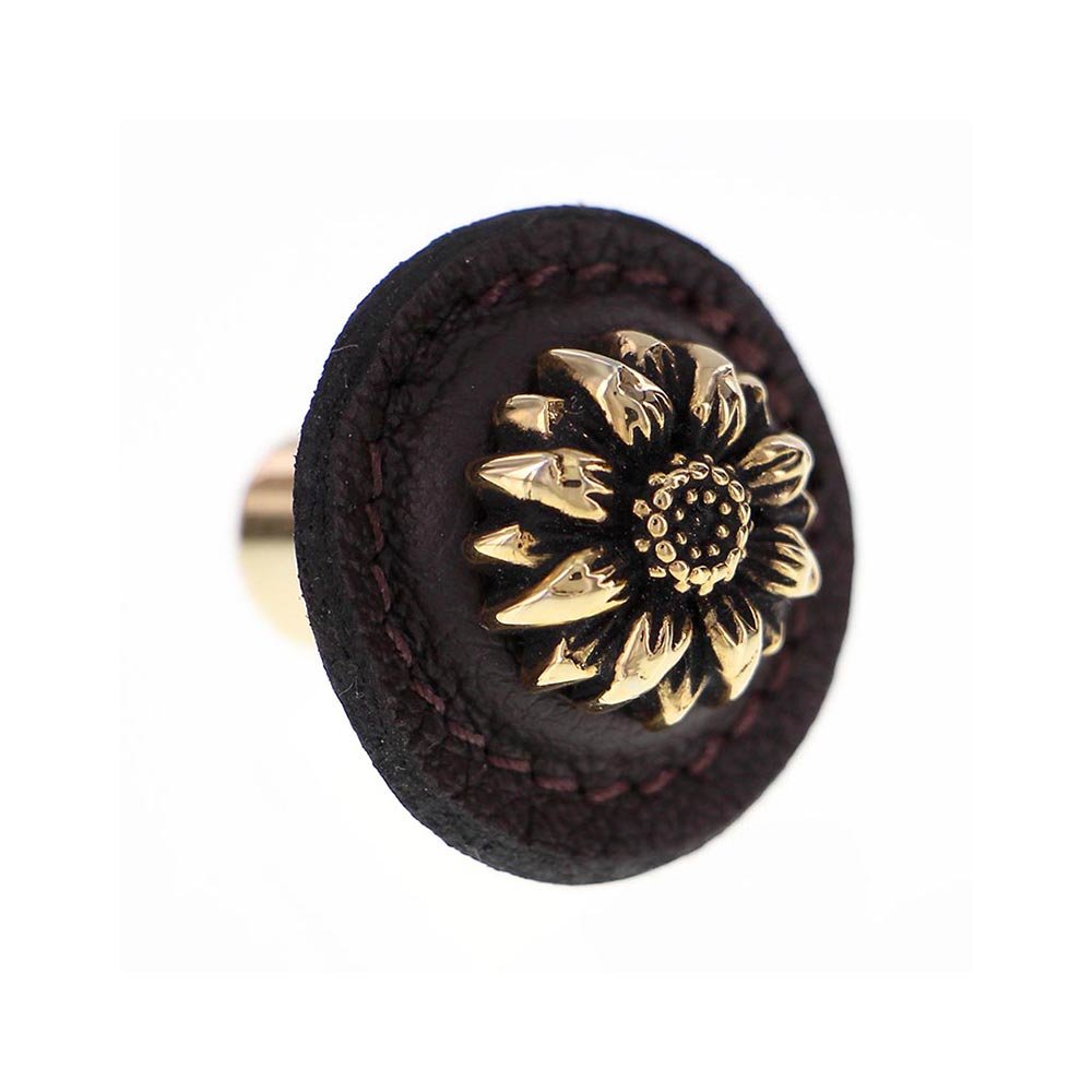 1 1/4" Daisy Knob with Leather Insert in Antique Gold with Brown Leather Insert