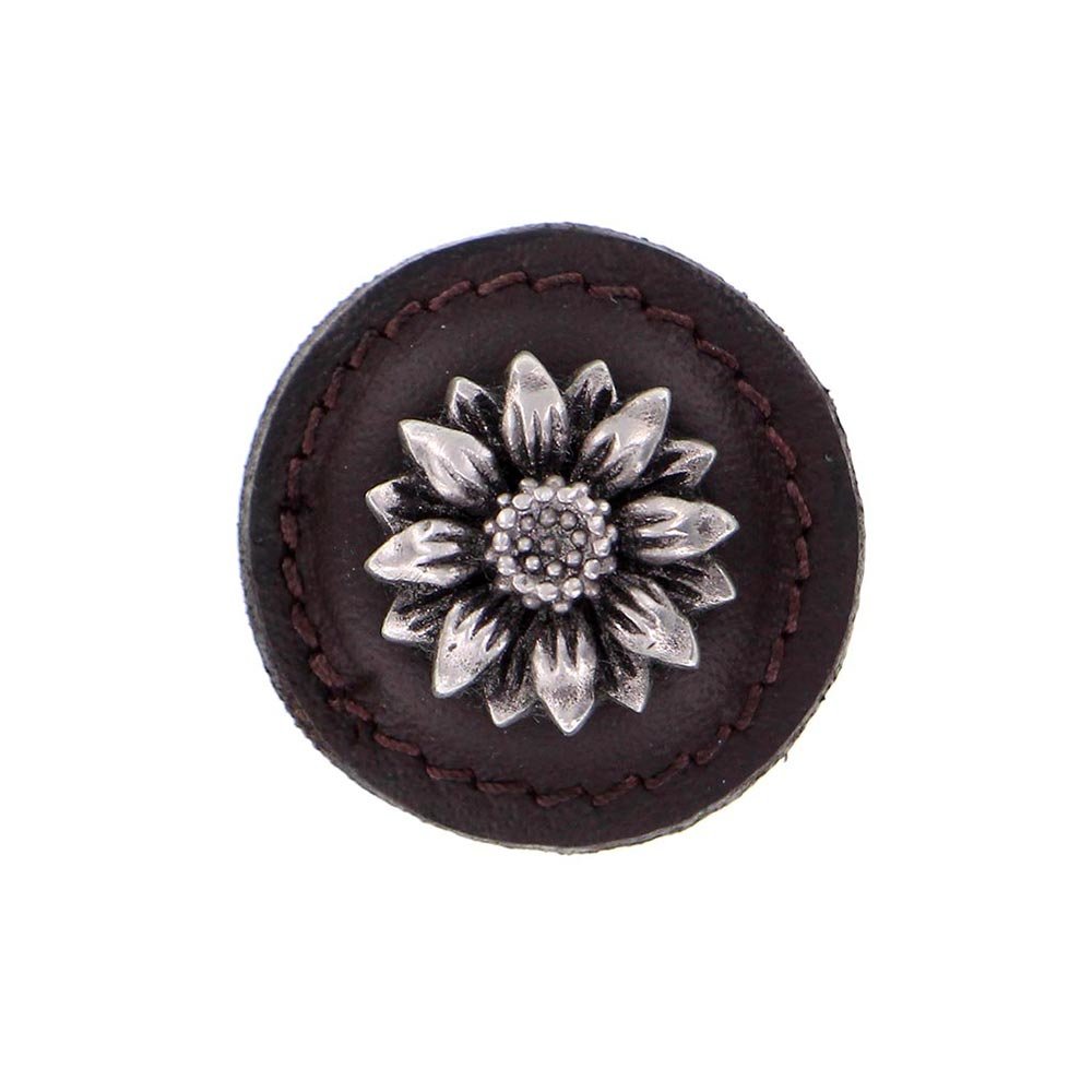 1 1/4" Daisy Knob with Leather Insert in Antique Nickel with Brown Leather Insert