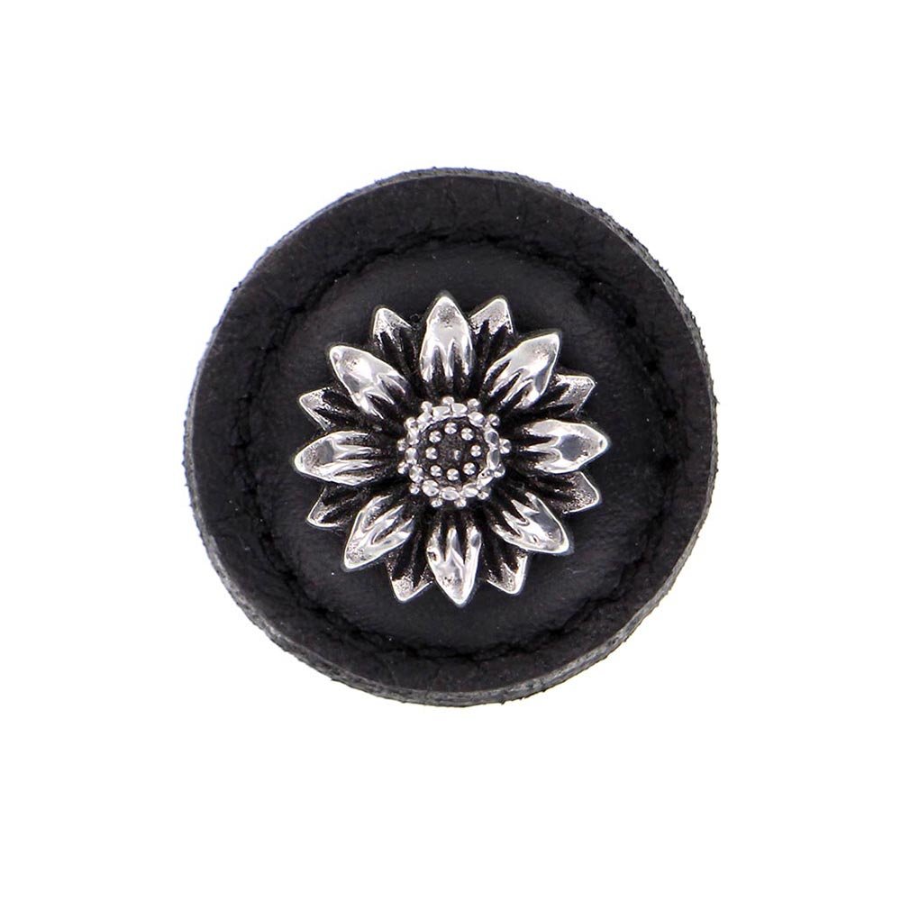 1 1/4" Daisy Knob with Leather Insert in Antique Silver with Black Leather Insert