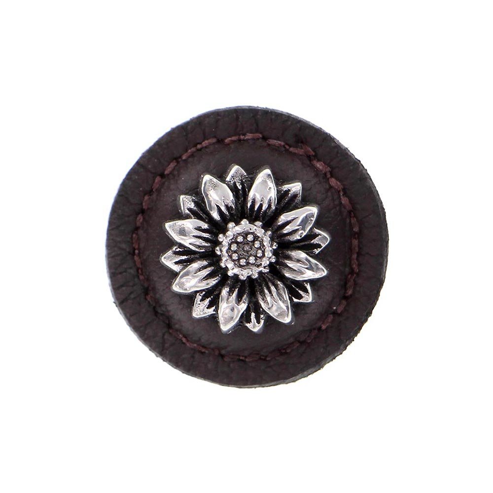 1 1/4" Daisy Knob with Leather Insert in Antique Silver with Brown Leather Insert