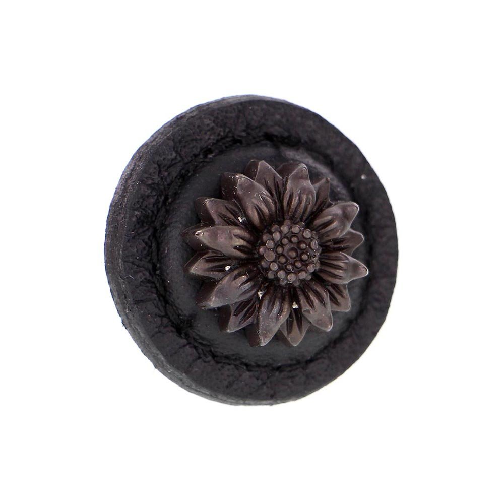 1 1/4" Daisy Knob with Leather Insert in Oil Rubbed Bronze with Black Leather Insert