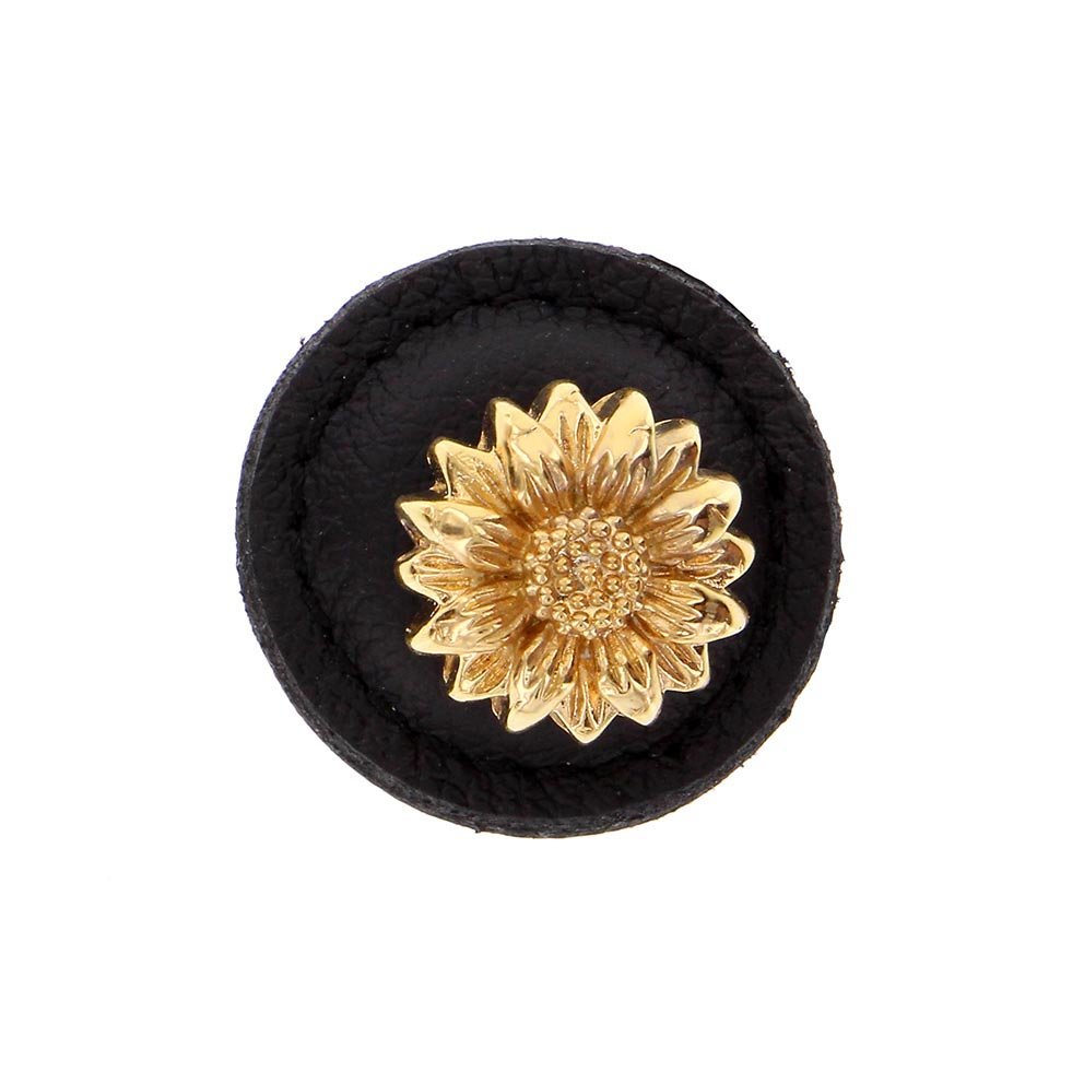 1 1/4" Daisy Knob with Leather Insert in Polished Gold with Black Leather Insert