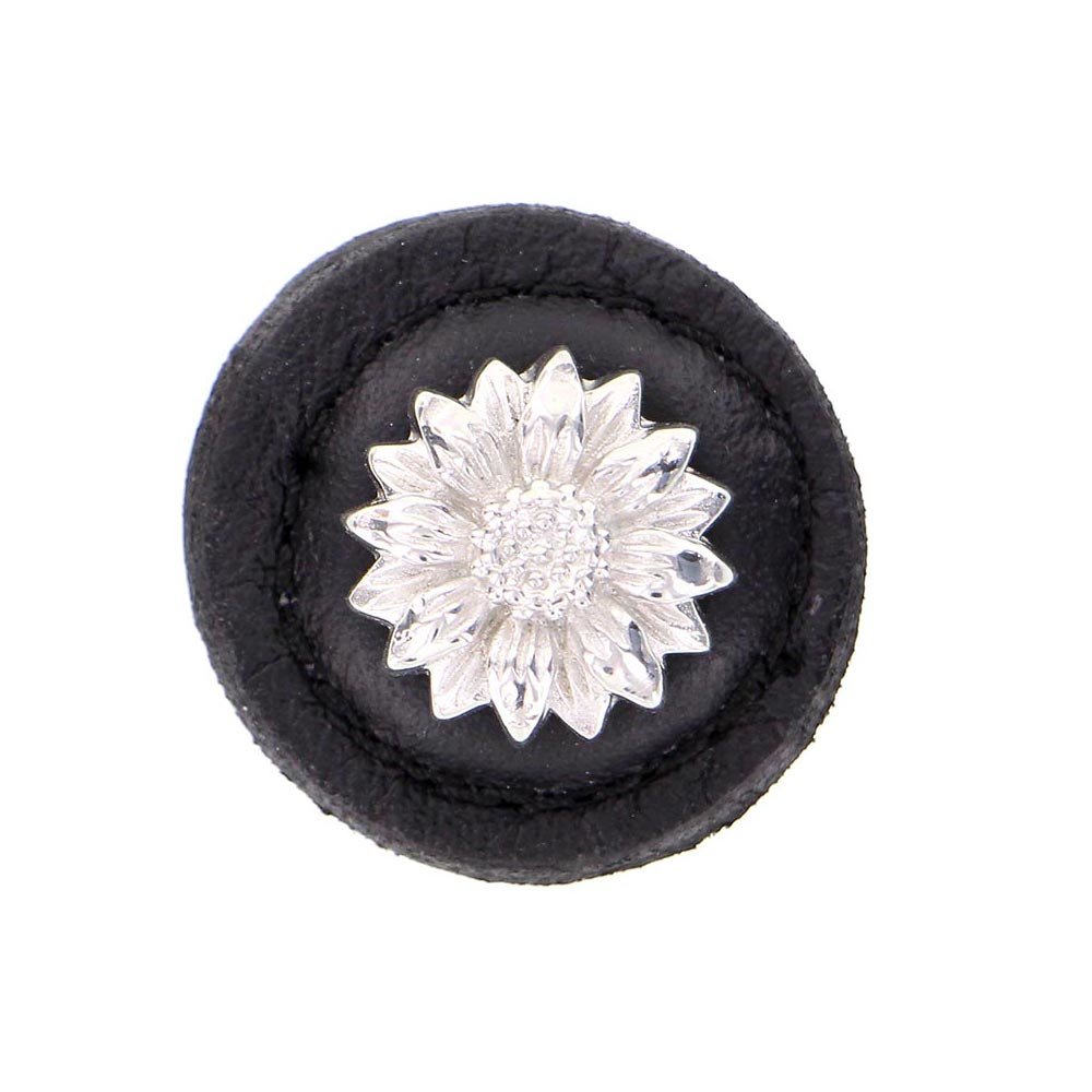 1 1/4" Daisy Knob with Leather Insert in Polished Silver with Black Leather Insert