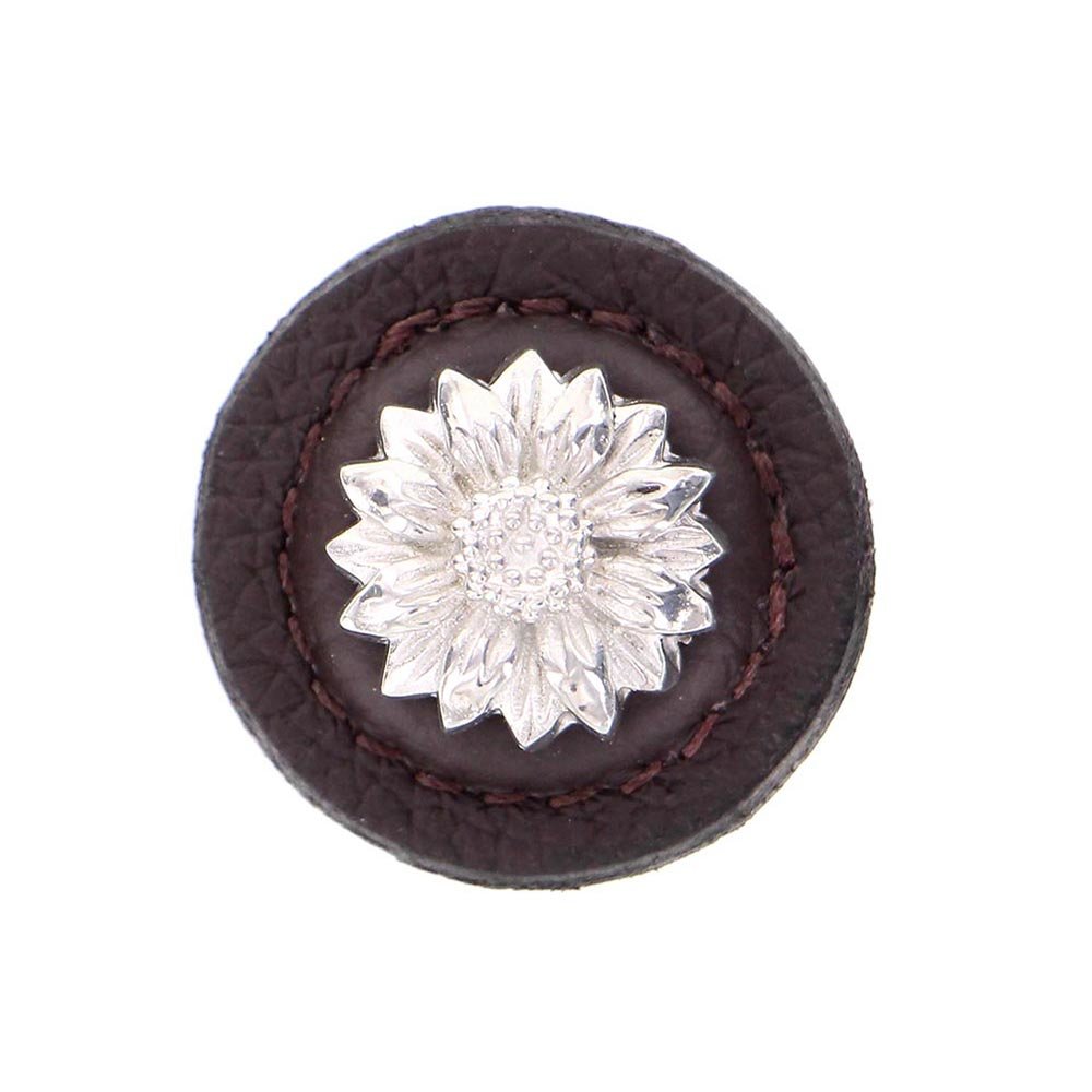1 1/4" Daisy Knob with Leather Insert in Polished Silver with Brown Leather Insert