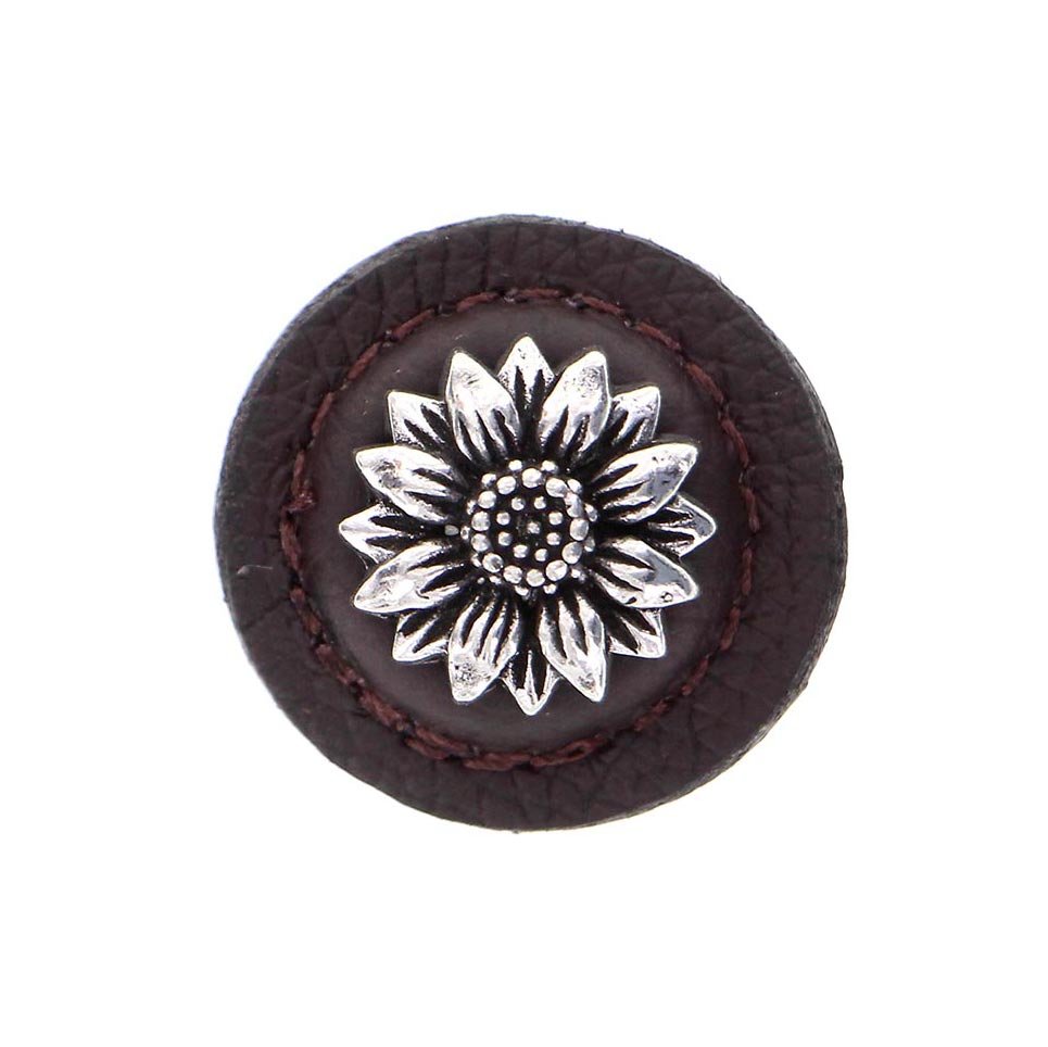 1 1/4" Daisy Knob with Leather Insert in Vintage Pewter with Brown Leather Insert
