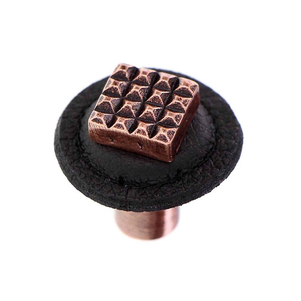 1 1/4" Square Knob with Leather Insert in Antique Copper with Black Leather Insert
