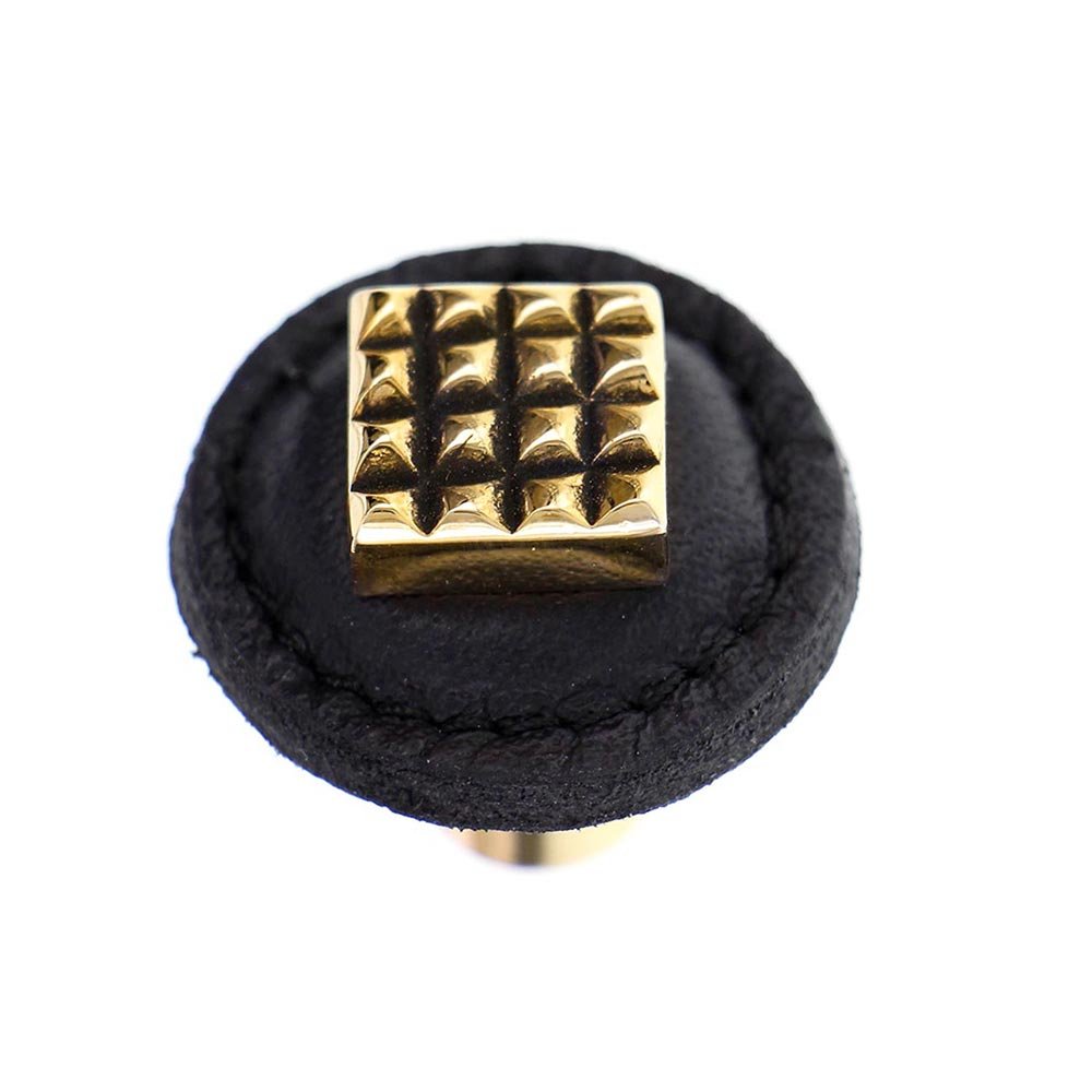 1 1/4" Square Knob with Leather Insert in Antique Gold with Black Leather Insert