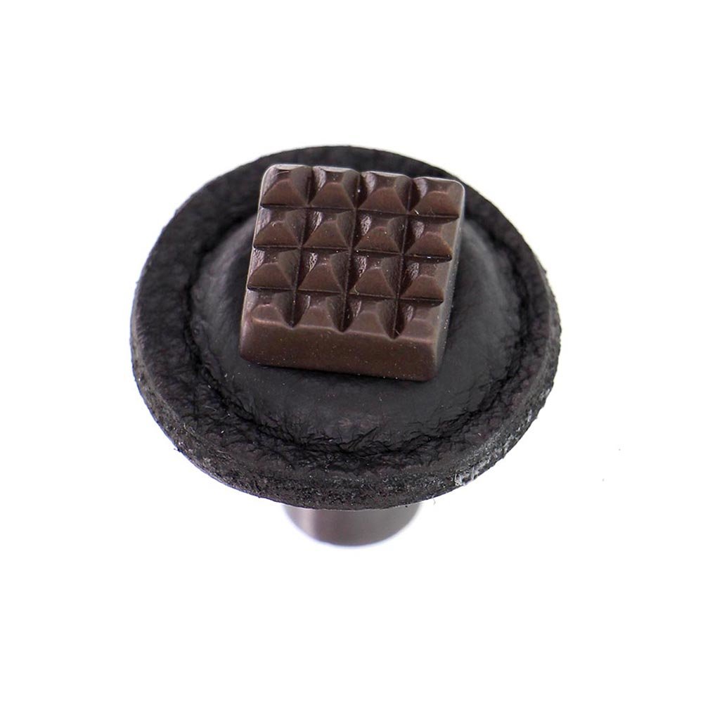 1 1/4" Square Knob with Leather Insert in Oil Rubbed Bronze with Black Leather Insert