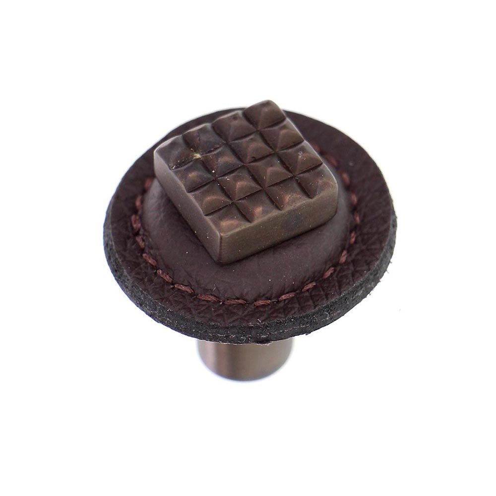 1 1/4" Square Knob with Leather Insert in Oil Rubbed Bronze with Brown Leather Insert