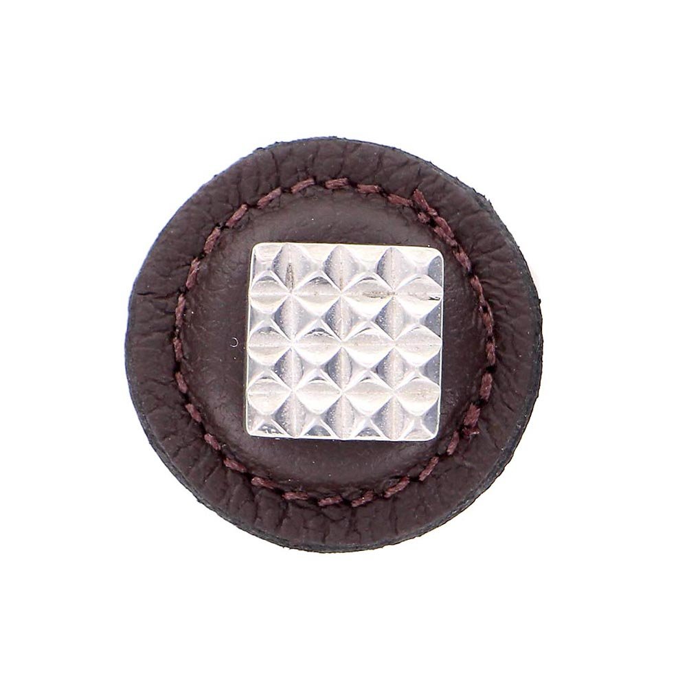 1 1/4" Square Knob with Leather Insert in Polished Nickel with Brown Leather Insert