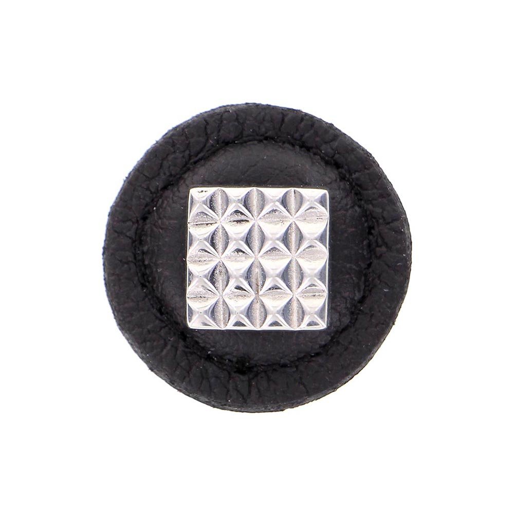 1 1/4" Square Knob with Leather Insert in Polished Silver with Black Leather Insert