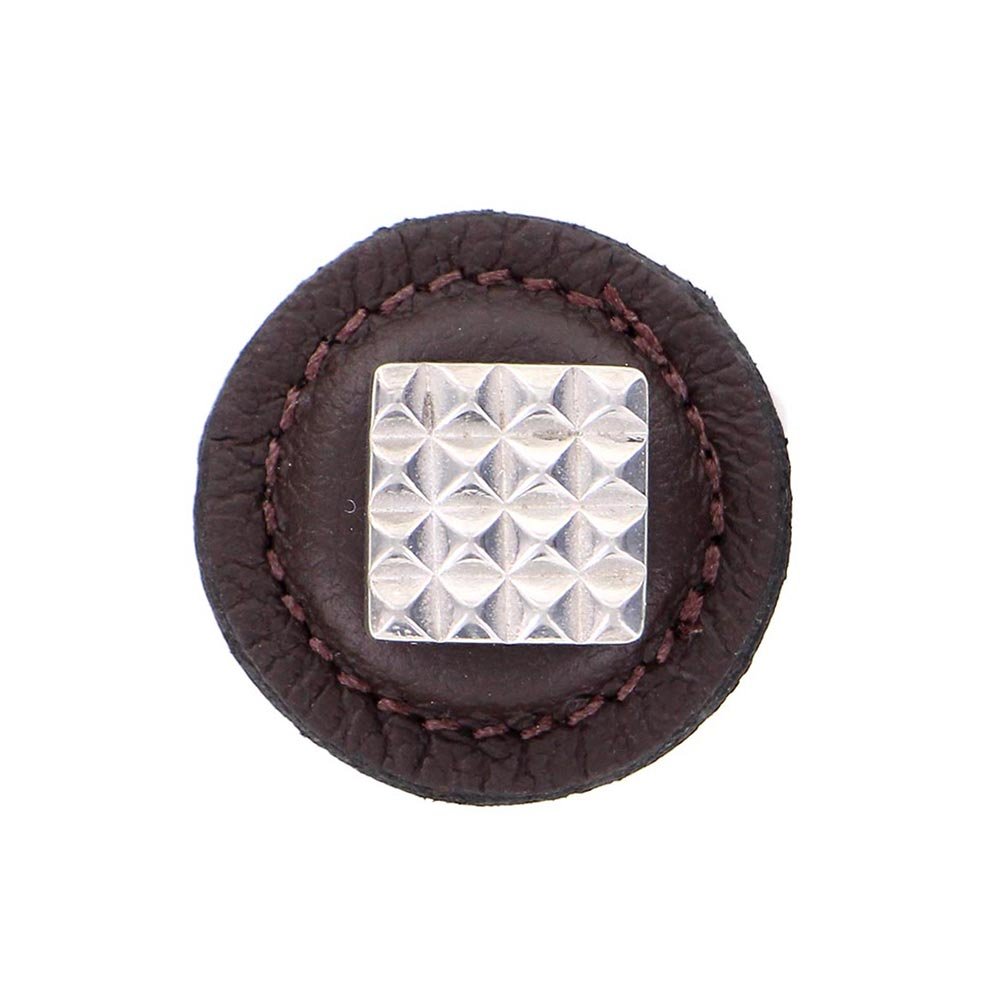 1 1/4" Square Knob with Leather Insert in Polished Silver with Brown Leather Insert