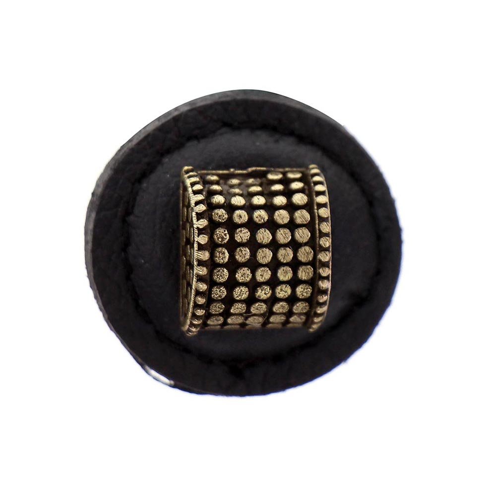 1 1/4" Half Cylindrical Knob with Leather Insert in Antique Brass with Black Leather Insert