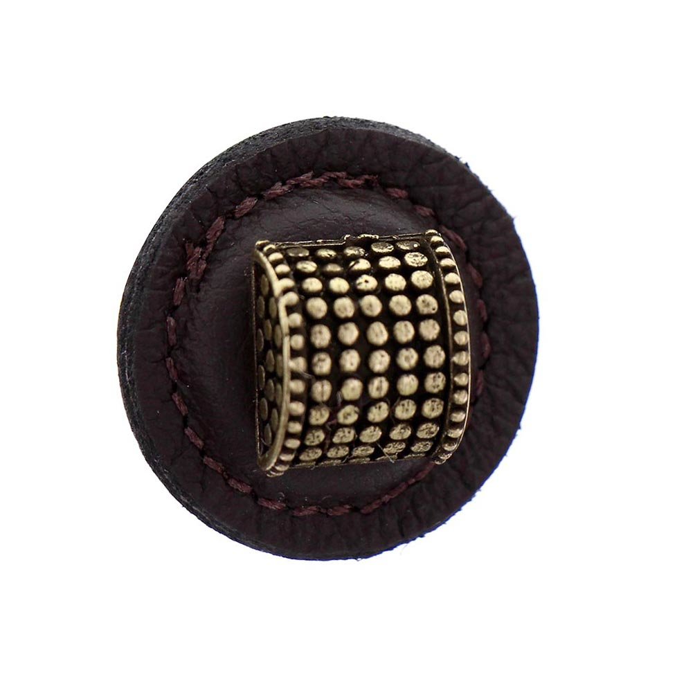 1 1/4" Half Cylindrical Knob with Leather Insert in Antique Brass with Brown Leather Insert