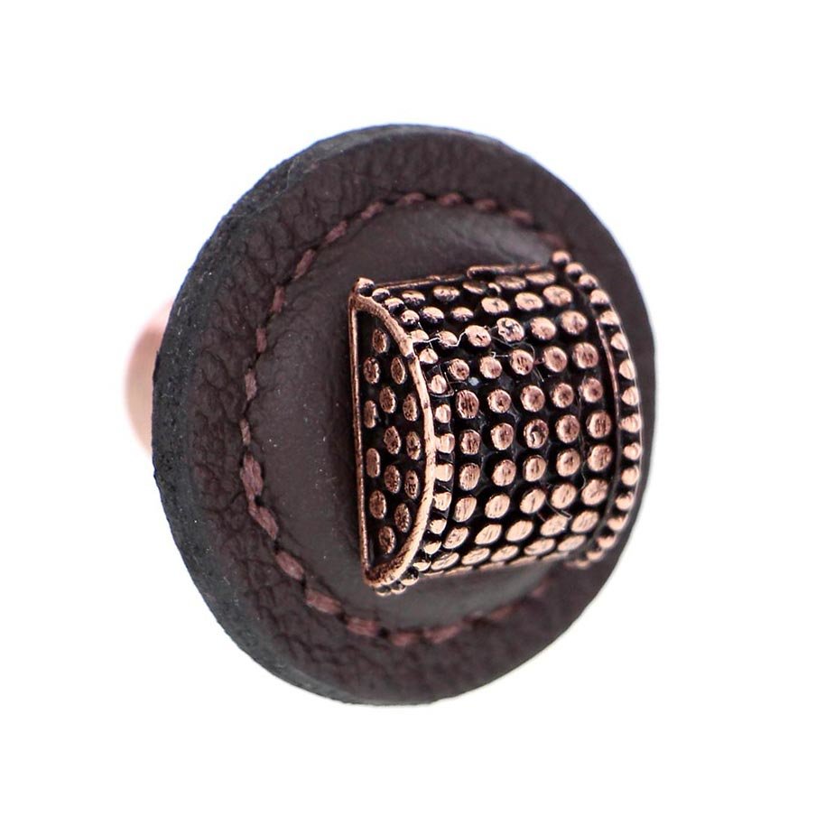 1 1/4" Half Cylindrical Knob with Leather Insert in Antique Copper with Brown Leather Insert