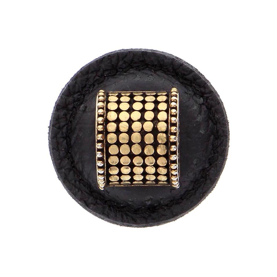 1 1/4" Half Cylindrical Knob with Leather Insert in Antique Gold with Black Leather Insert