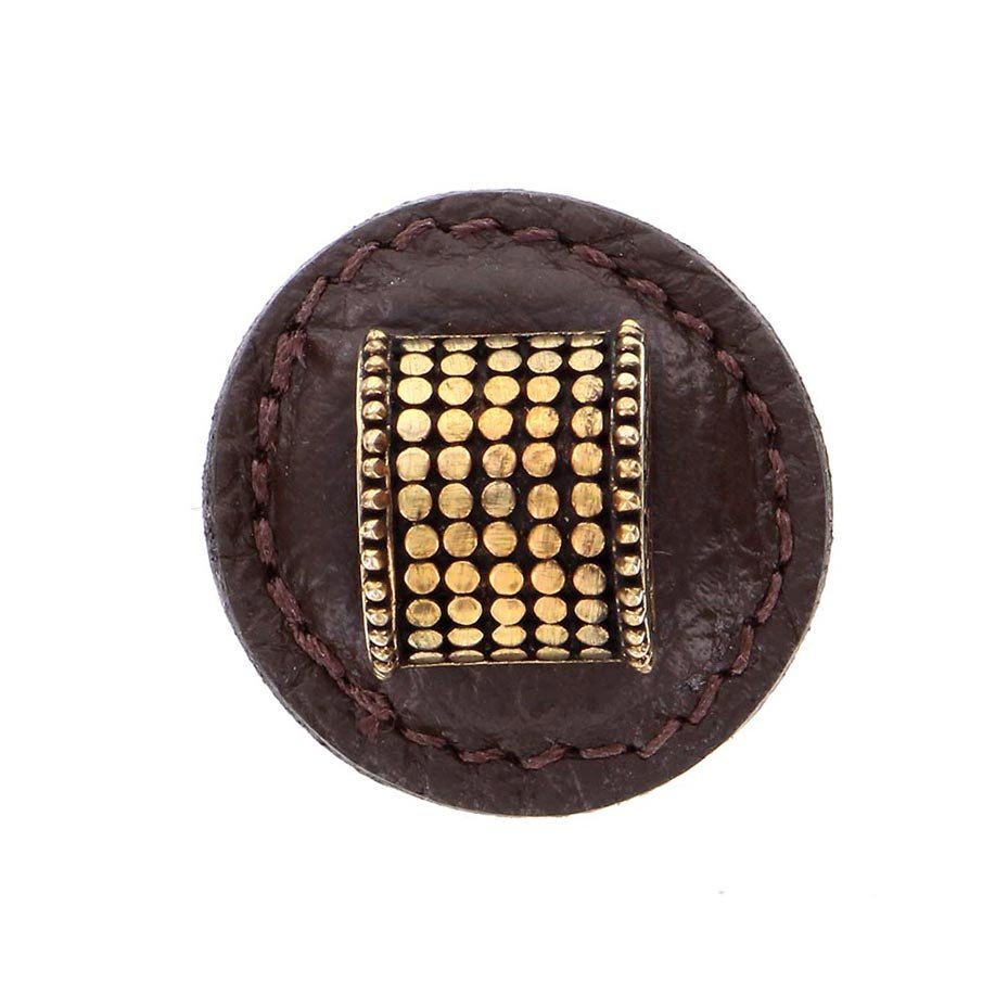 1 1/4" Half Cylindrical Knob with Leather Insert in Antique Gold with Brown Leather Insert