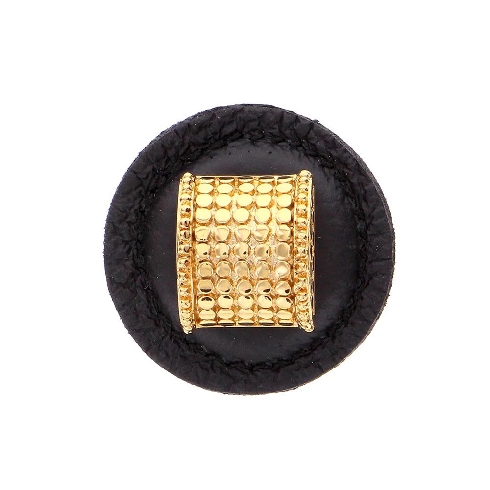 1 1/4" Half Cylindrical Knob with Leather Insert in Polished Gold with Black Leather Insert