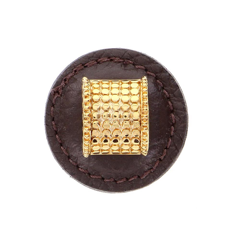 1 1/4" Half Cylindrical Knob with Leather Insert in Polished Gold with Brown Leather Insert