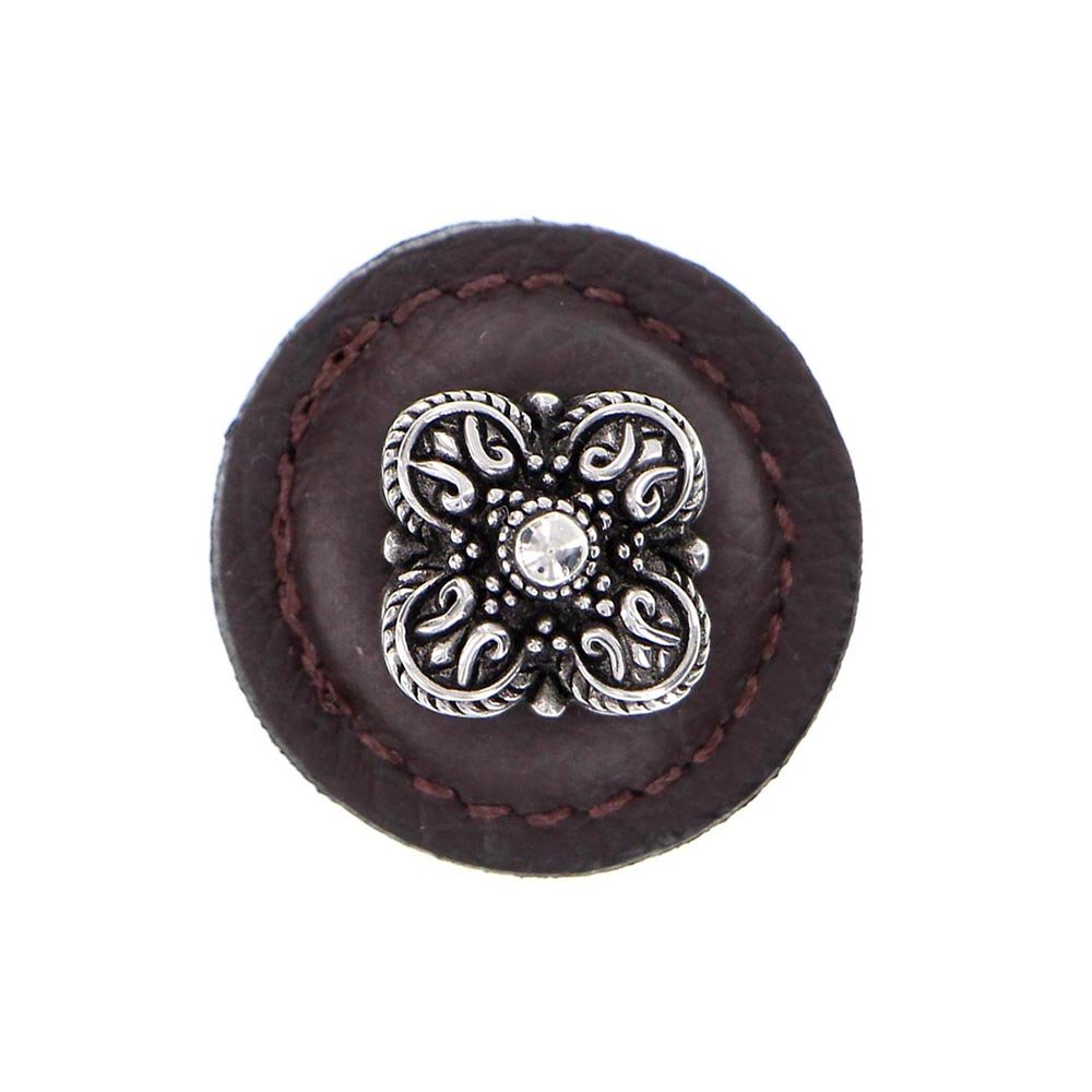 1 1/4" Round Knob with Leather Insert in Antique Silver with Brown Leather Insert