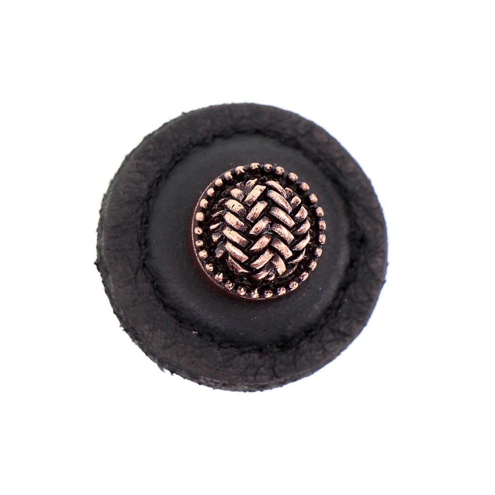 1 1/4" Round Knob with Leather Insert in Antique Copper with Black Leather Insert