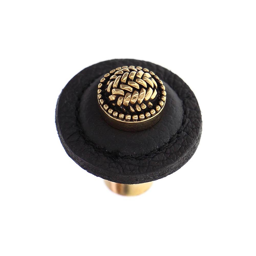 1 1/4" Round Knob with Leather Insert in Antique Gold with Black Leather Insert