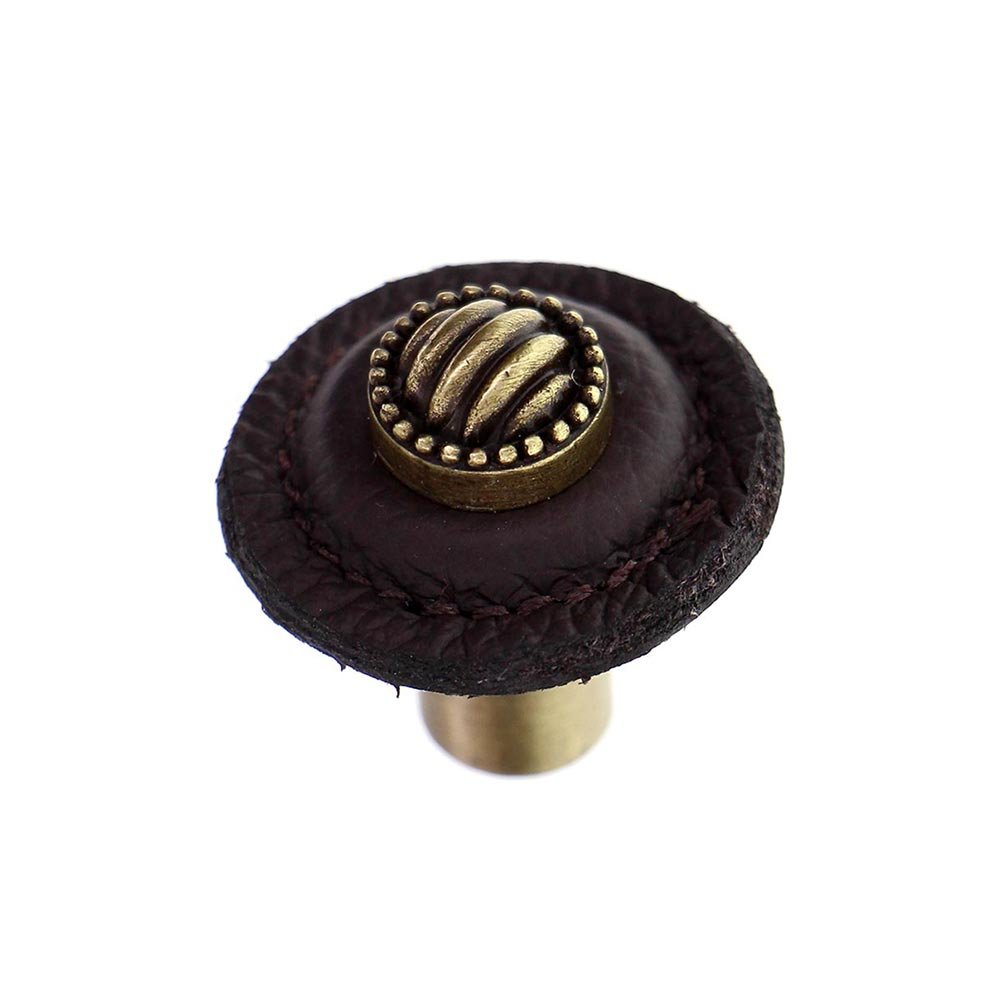 1 1/4" Round Lines and Dots Knob with Leather Insert in Antique Brass with Brown Leather Insert