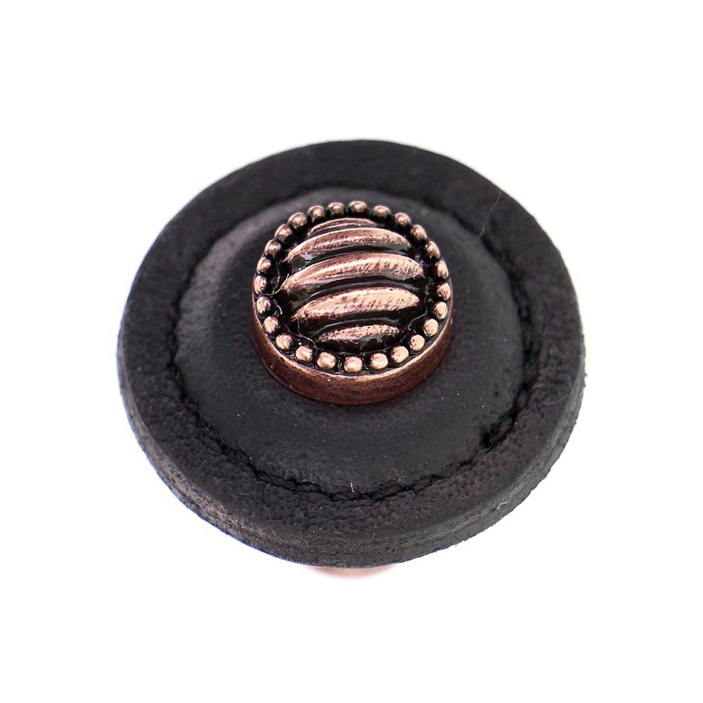 1 1/4" Round Lines and Dots Knob with Leather Insert in Antique Copper with Black Leather Insert