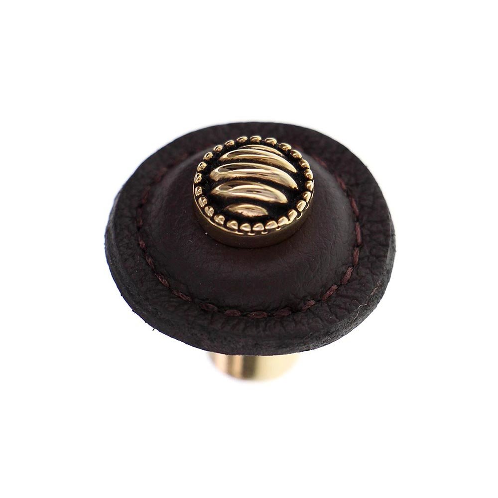 1 1/4" Round Lines and Dots Knob with Leather Insert in Antique Gold with Brown Leather Insert