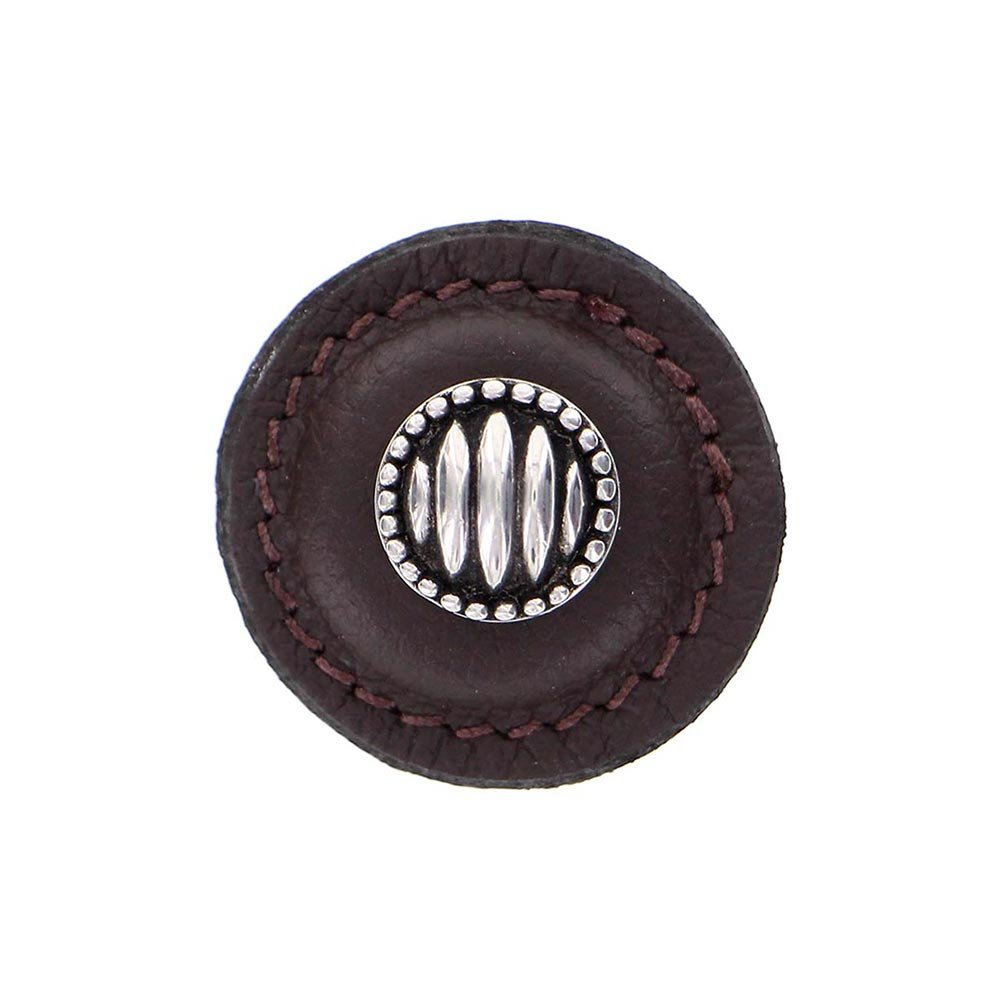1 1/4" Round Lines and Dots Knob with Leather Insert in Antique Silver with Brown Leather Insert