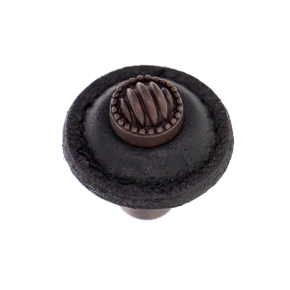 1 1/4" Round Lines and Dots Knob with Leather Insert in Oil Rubbed Bronze with Black Leather Insert